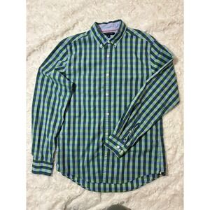 Tommy Hilfiger Mens Custom Fit Gingham Button Down Shirt Green Blue Small